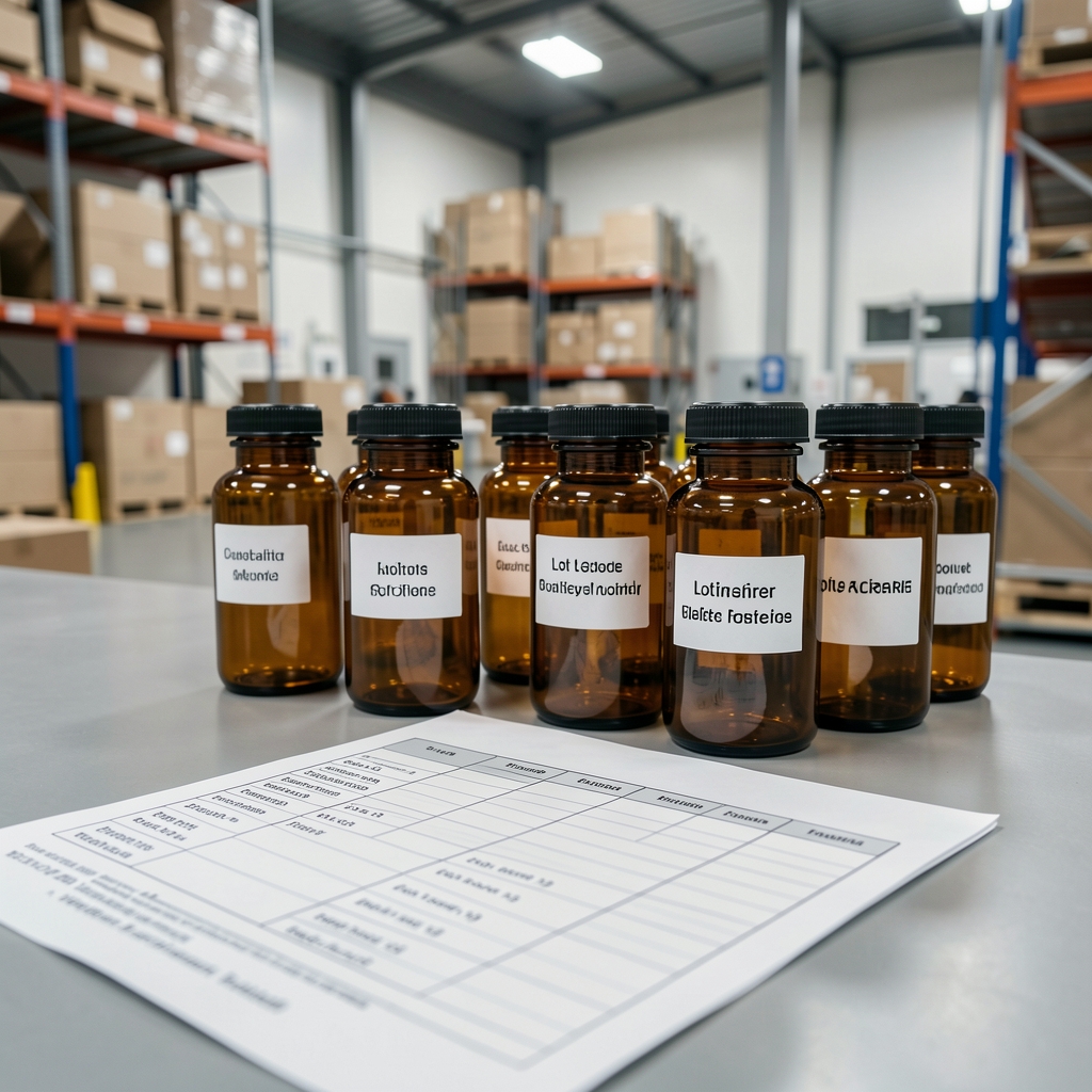 Close-up of quality-control bench showing labelled amber glass containers and printed lot record in a clean warehouse environment