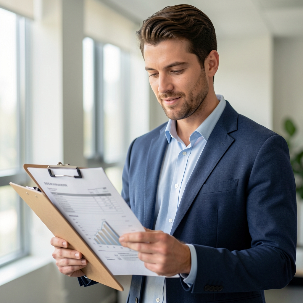 Portrait of a man in his thirties standing in a clean, naturally lit office space reviewing printed batch documentation on a clipboard