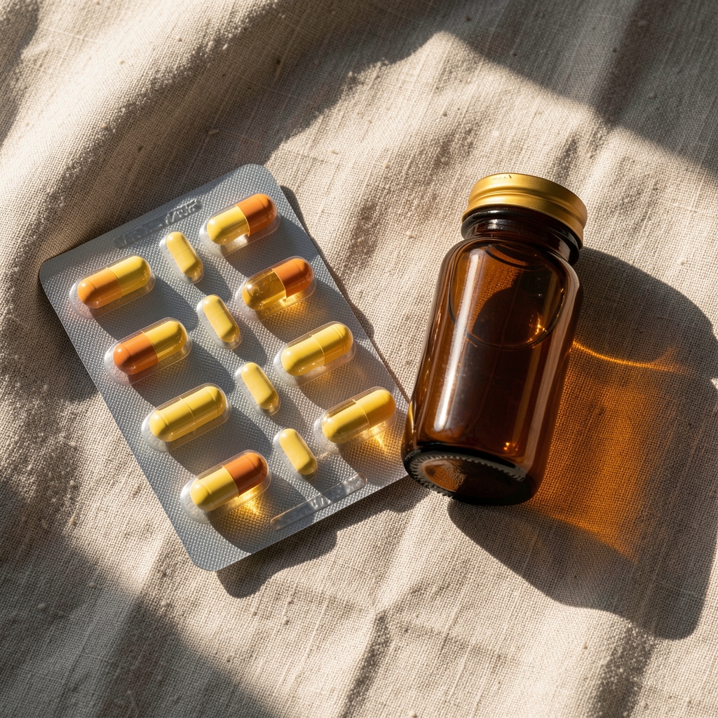 Capsule blister pack and amber glass bottle of nutritional supplements arranged on raw linen cloth with natural morning light casting sharp shadows