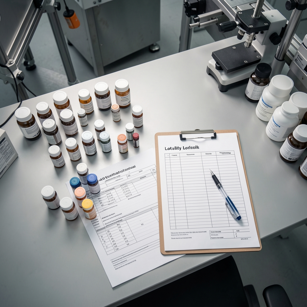 Overhead view of a quality-control workbench with ingredient sample vials, printed lot records and a clipboard in a supplement production environment under studio lighting