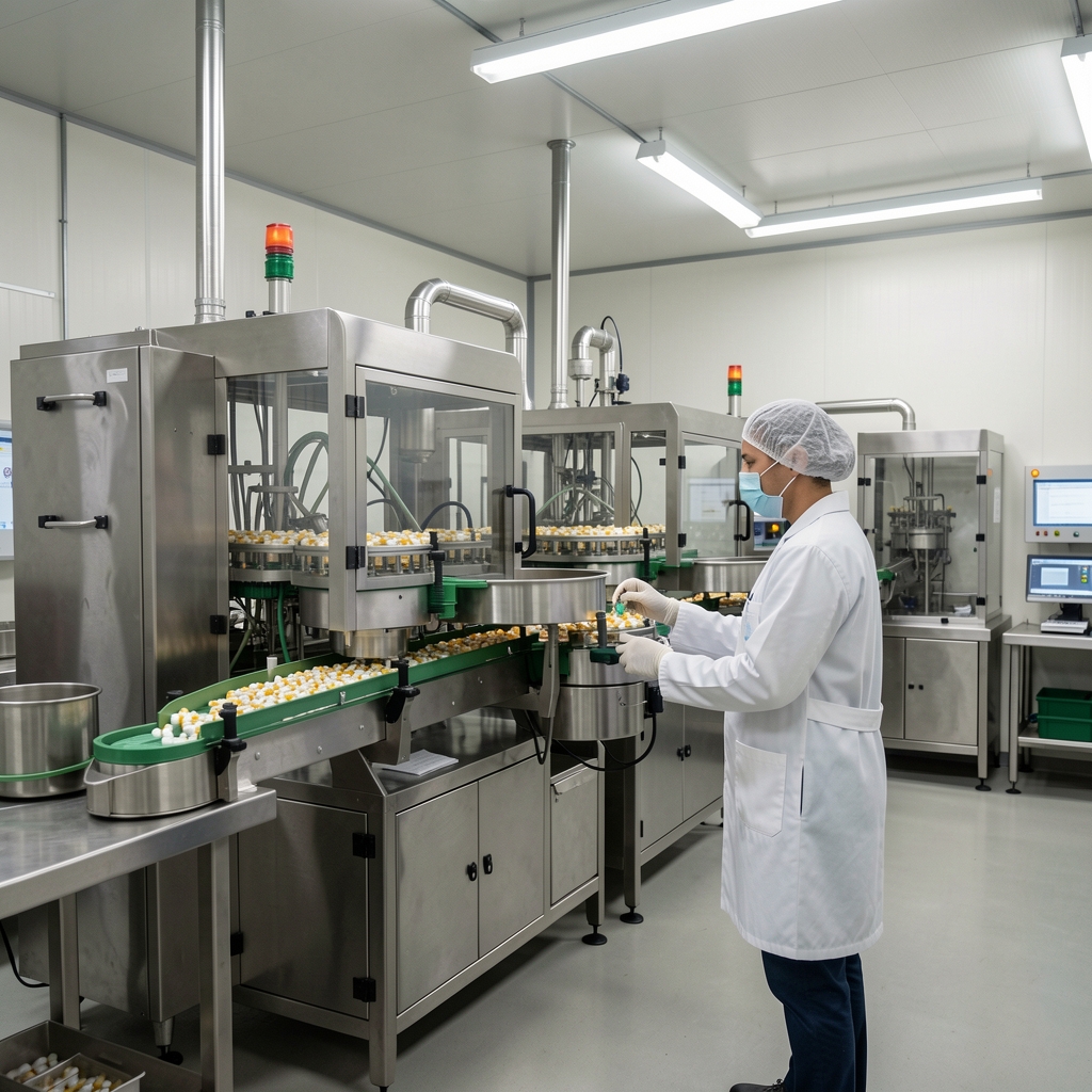 Production room interior with supplement capsule-filling equipment, operator in protective clothing, stainless-steel surfaces and overhead industrial lighting
