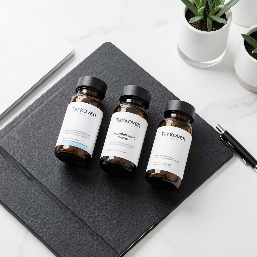 Flat lay of three Crovani supplement bottles in amber glass arranged diagonally on a dark textured surface with minimal product labels visible