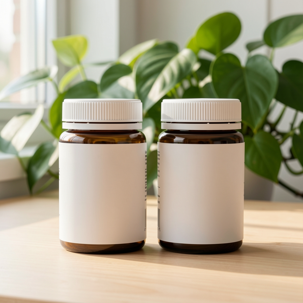 Two Crovani supplement bottles side by side on a light wooden surface with green plant leaves in the background and soft natural window light