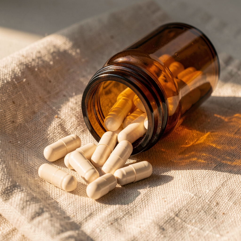 Close view of Crovani supplement capsules spilled gently from an open amber bottle on a raw linen cloth with warm morning light casting shadows