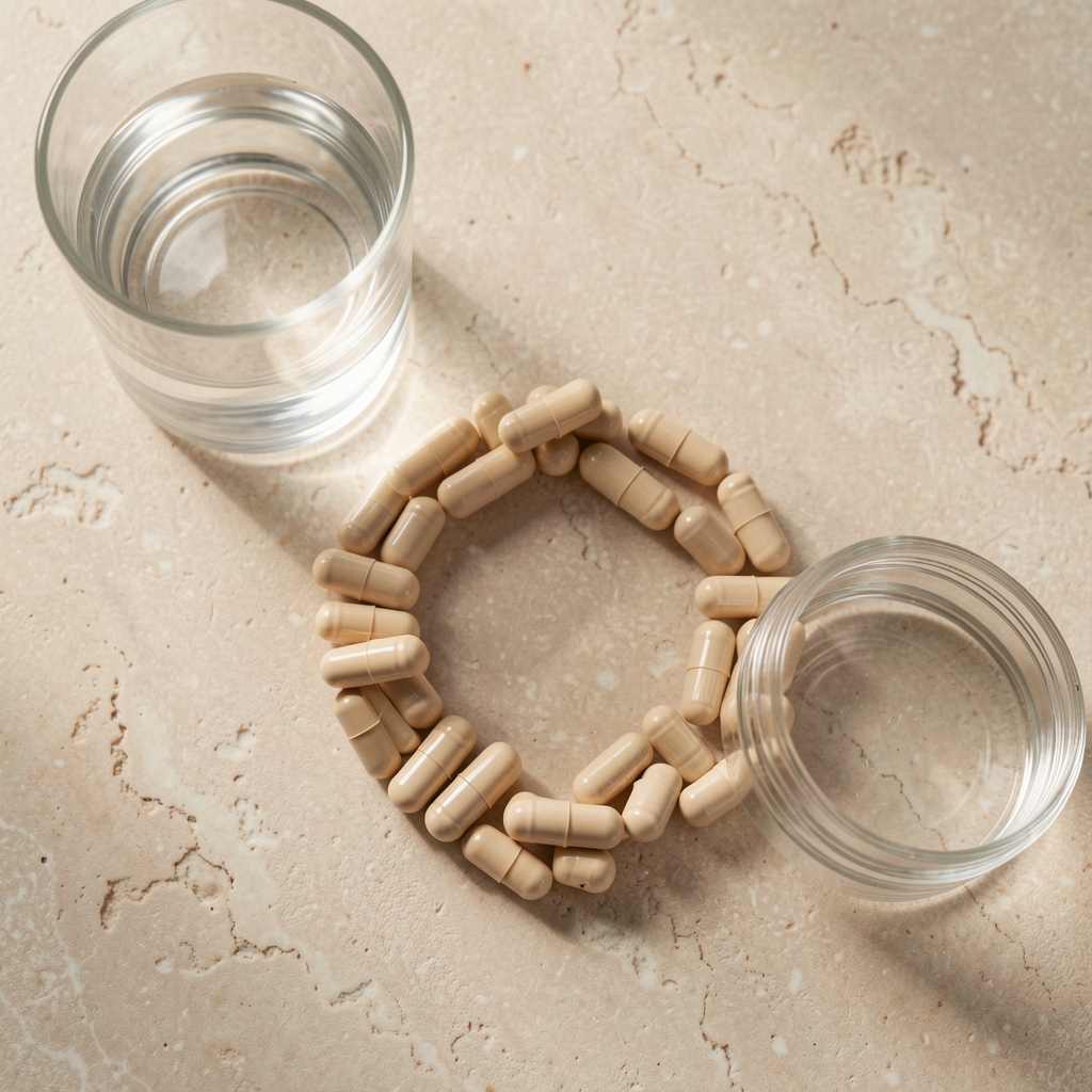 Top-down view of open supplement bottle with capsules arranged in a circle on a light stone surface with a glass of water beside it