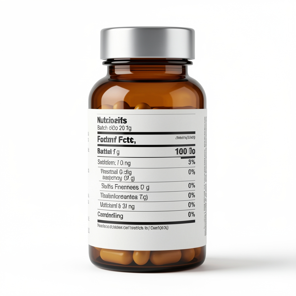 Side-angle close-up of amber capsule bottle with clear label showing batch code and nutrition information on a white background