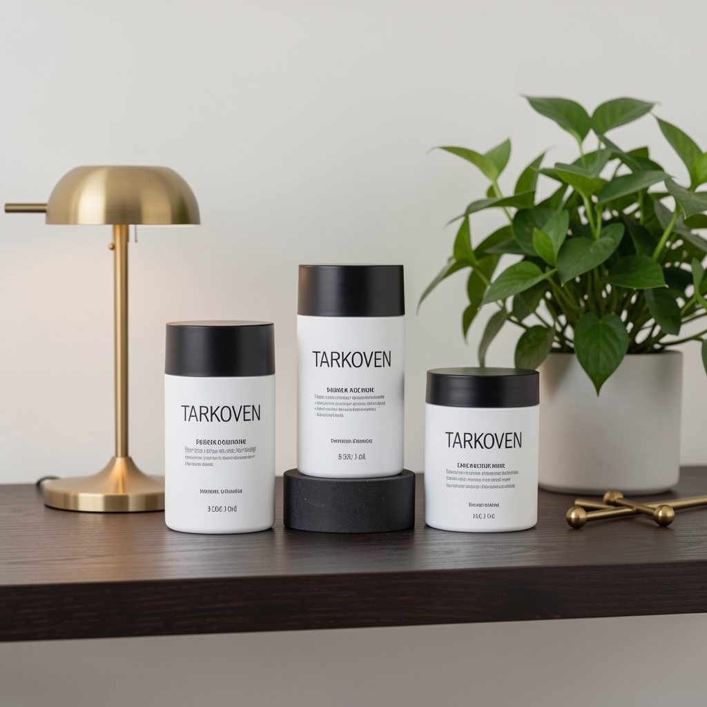 Crovani product trio arranged at different heights on a dark wood shelf with a green plant and minimal brass accessories in the background