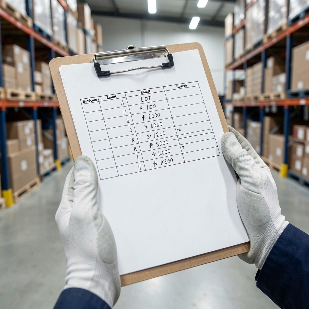 Close-up of printed batch record form with handwritten lot numbers on a clipboard held in a gloved hand in a clean warehouse environment
