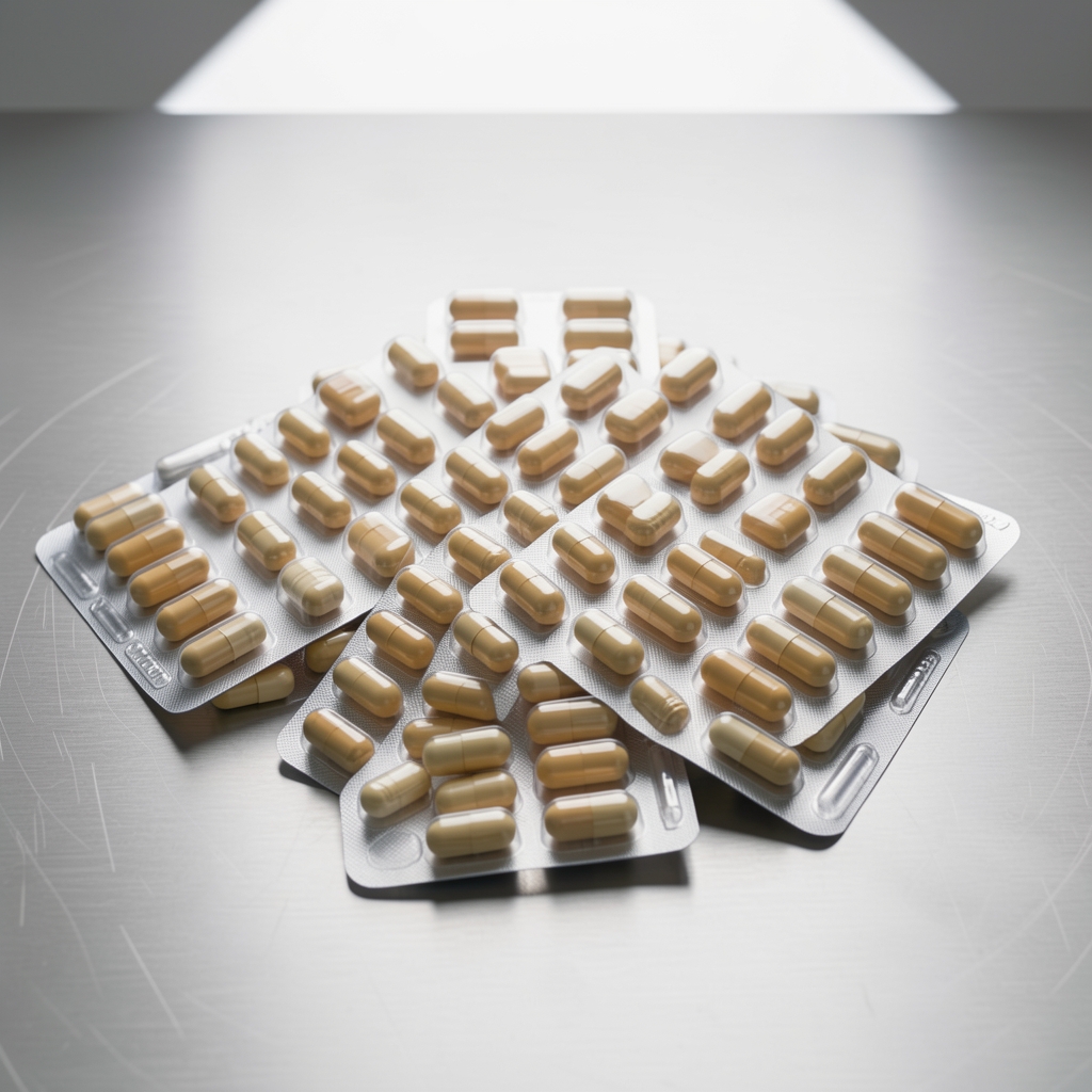 Rows of sealed supplement capsule blister packs in transparent packaging on a stainless-steel table, bright studio lighting from above